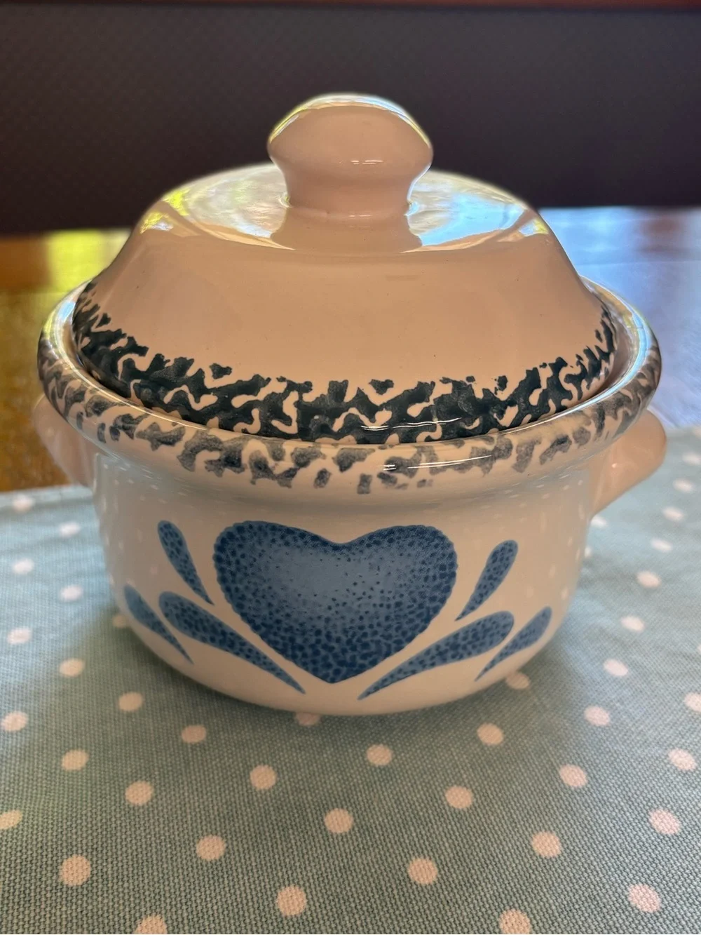 Blue Heart Sponge Pattern Crock with Lid County Kitchen Farmhouse Cottage Core